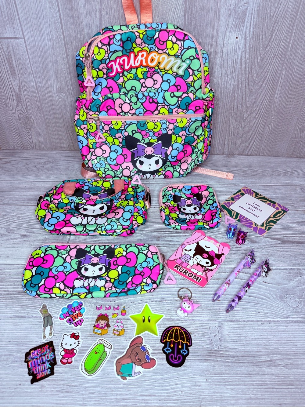 Kuromi bow backpack bundle change purse stickers keychain dragon pens paper